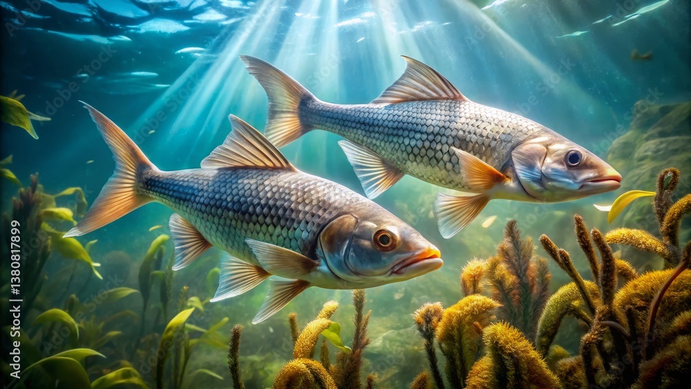 Two Fish Swimming in Clear Underwater Environment with Sunlight Rays Two Fish Swimming in Clear Underwater Environment with Sunlight Rays