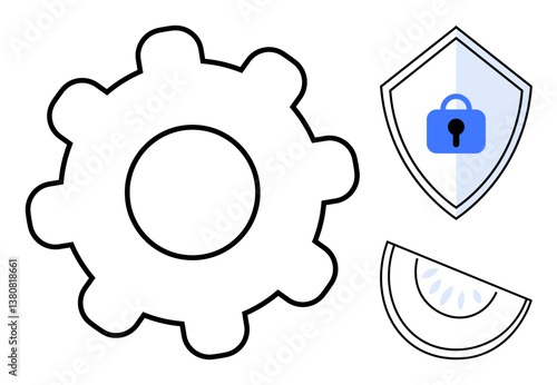 Gear for efficiency, shield with lock for security, pie chart segment for data analysis. Ideal for productivity, cybersecurity, protection, data segmentation, statistical analysis, mechanical