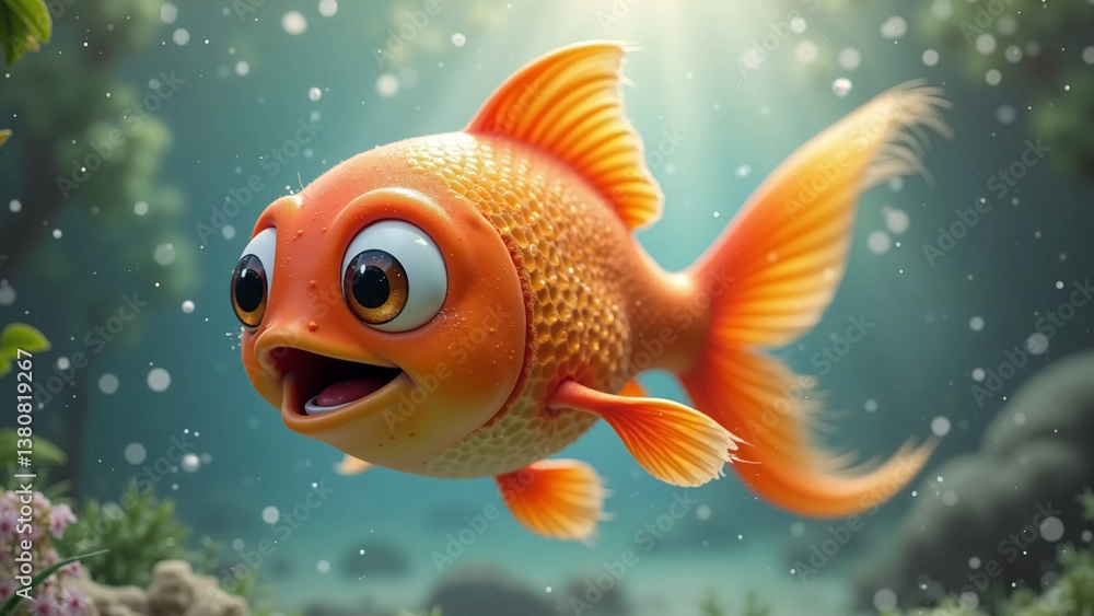 Smiling orange cartoon goldfish with large eyes underwater Smiling orange cartoon goldfish with large eyes underwater
