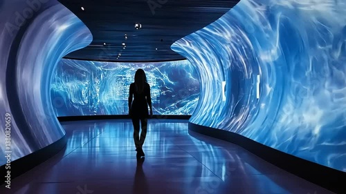 Immersive Digital Tunnel: A Woman Exploring a Futuristic LED Lightscape