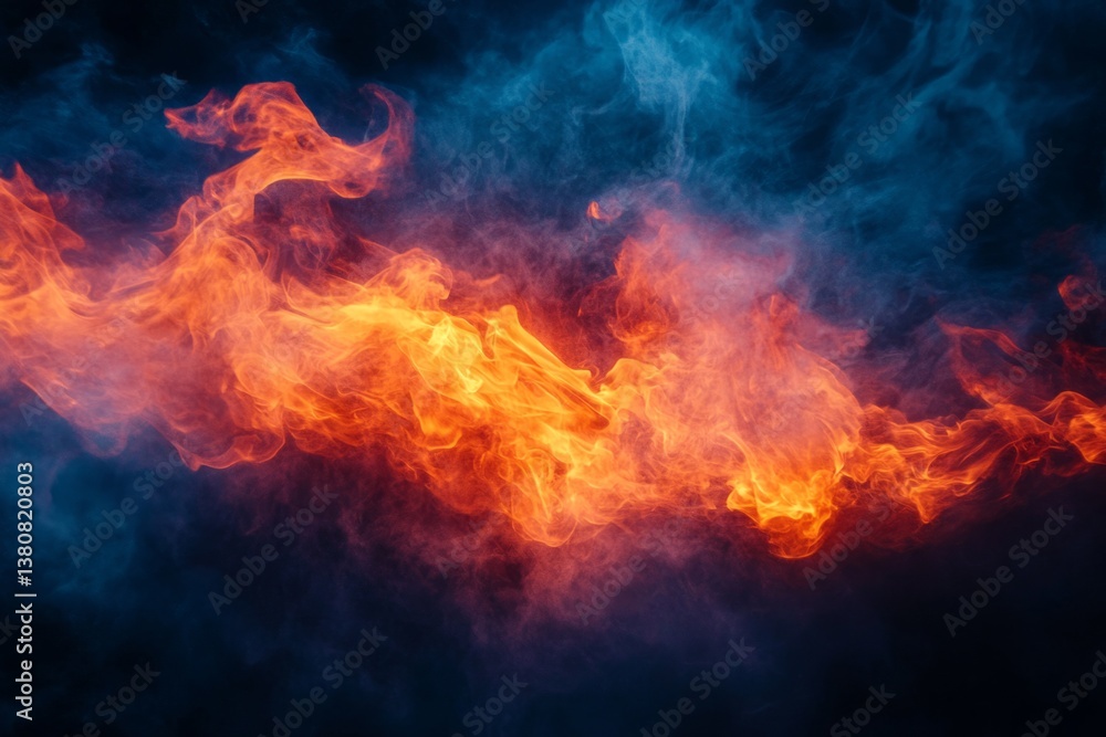 Fototapeta premium Orange flames burning creating a colorful abstract design against a dark background with blue smoke