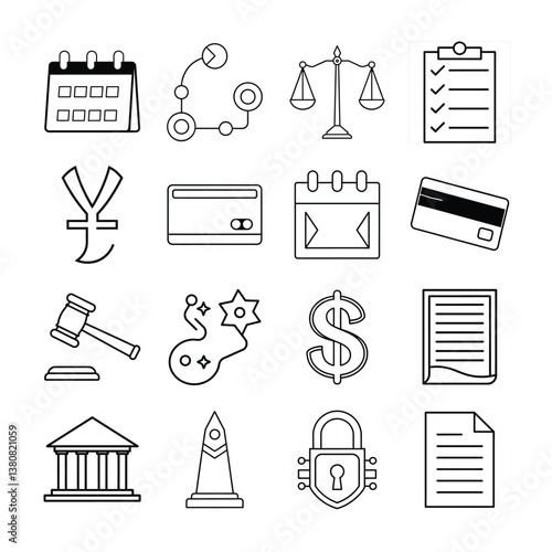 Essential business and finance icons depict key transactional and analytical concepts