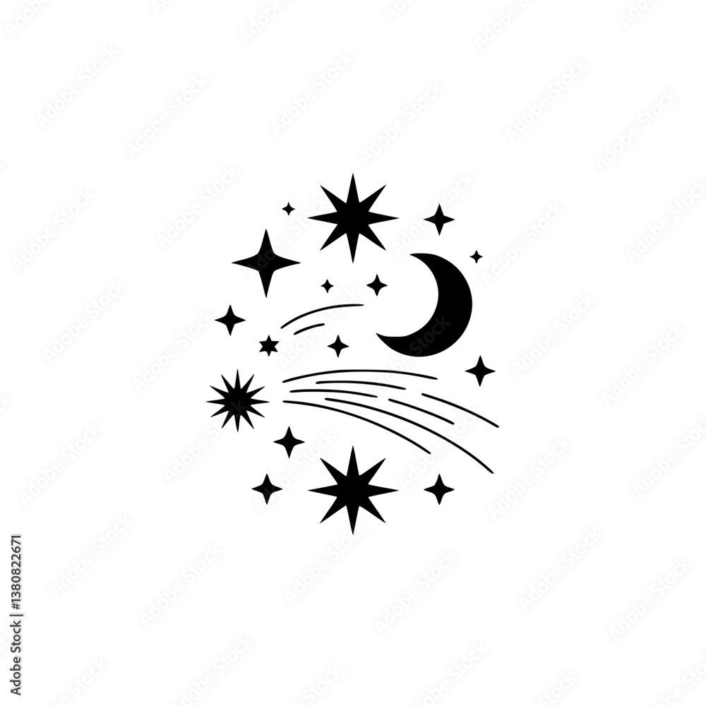Fototapeta premium Celestial Icon: Minimalist Moon & Stars Illustration