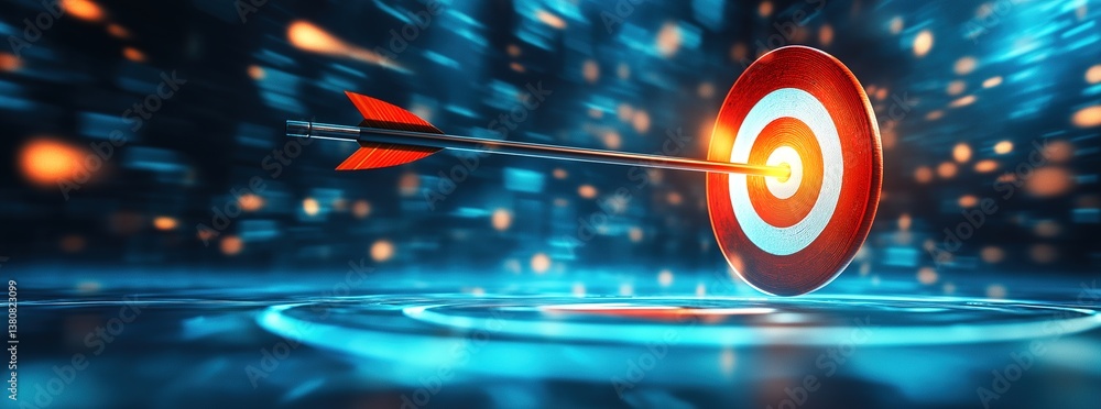 Fototapeta premium 3D rendering of one arrow hitting the center target on a blue and white background, with a focus effect and blurred edges. This represents the concept of business goal achievement.