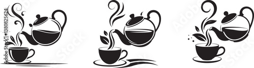 Teapot and Coffee Cup Vector Icon Set on transparent background , Elegant Teapot Pouring Coffee into Cup - Vector Illustration