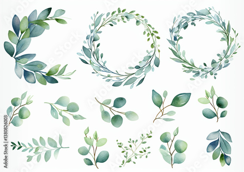 リーフ葉水彩画イラスト素材 セット　generative ai