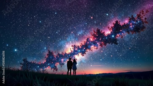 Couple Holding Hands Under a Starry Night Sky at Dusk