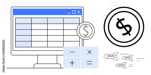 Computer monitor with spreadsheet, dollar coin, calculator buttons, and flying dollar symbols. Ideal for finance, budgeting, accounting, analytics, business strategy profitability digital economy