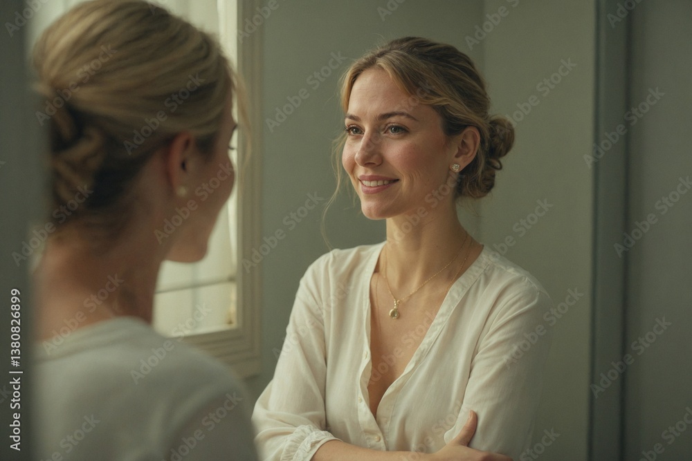 Woman Smiling at Her Reflection: Practicing Self-Acceptance and Positive Affirmations for Personal Growth and a Healthy Lifestyle Woman Smiling at Her Reflection: Practicing Self-Acceptance and Positive Affirmations for Personal Growth and a Healthy Lifestyle