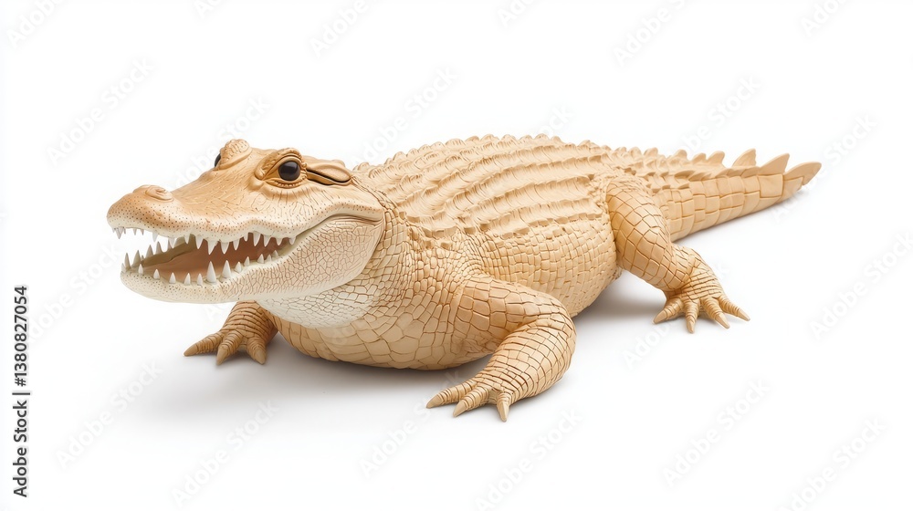 Fototapeta premium Endangered species rehabilitation conservation wildlife rescue. A detailed wooden model of a crocodile, showcasing intricate carvings and lifelike features, highlighting craftsmanship and design.