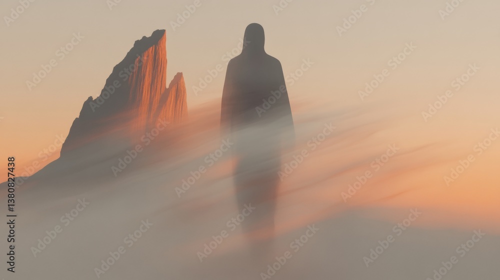 Fototapeta premium A transparent ghostly figure moving through a foggy landscape.