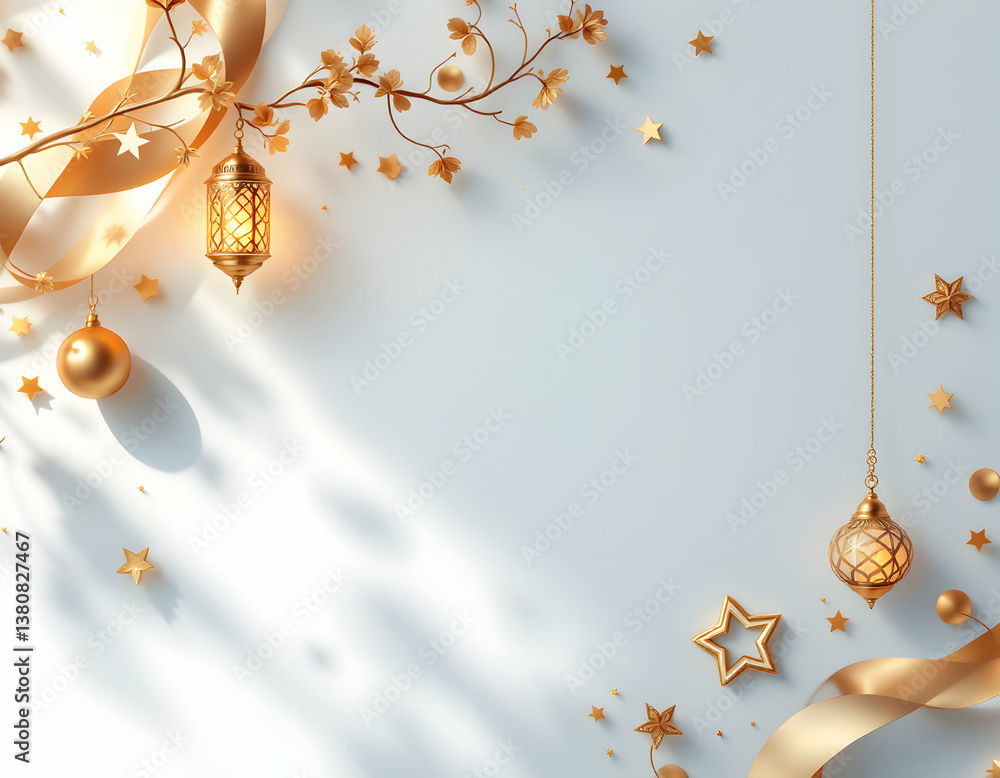 Fototapeta premium Golden Lanterns and Decorations with Branch on White Background