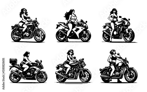 A collection of vector illustrations featuring stylish biker women riding their motorcycles.