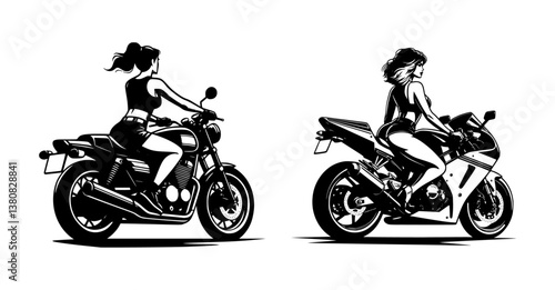A set of vector illustrations featuring stylish biker women riding their motorcycles.