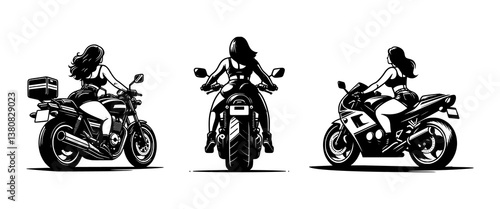 A set of vector illustrations featuring stylish biker women riding their motorcycles.