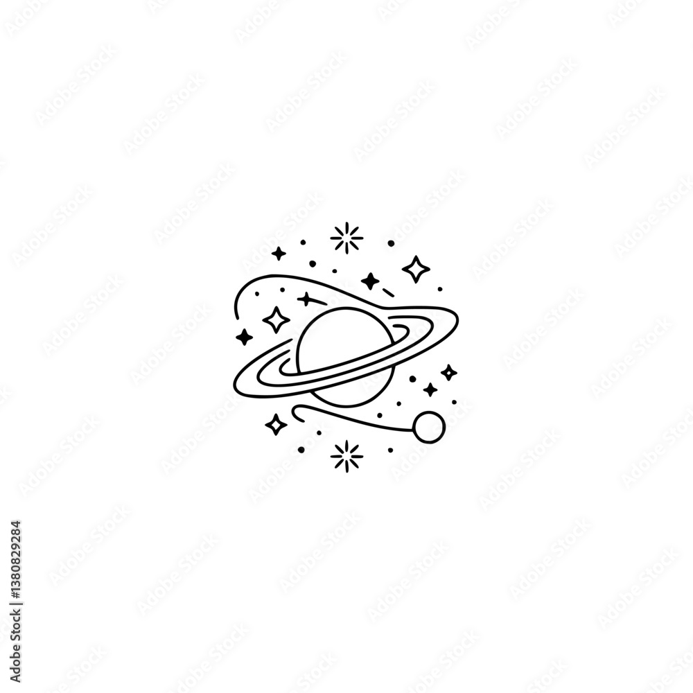 Minimalist Saturn Icon with Stars - Line Art Space Illustration Minimalist Saturn Icon with Stars - Line Art Space Illustration