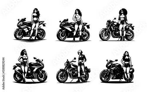 A collection of vector illustrations showcasing fashionable female bikers posing with their motorcycles.