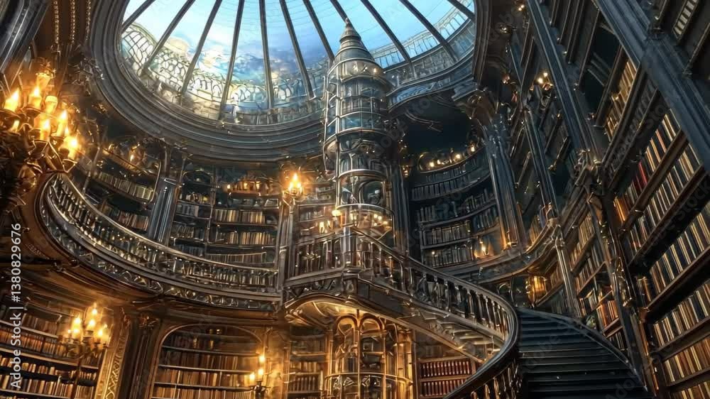 Grand library with towering bookshelves. World Book and Copyright Day. Grand library with towering bookshelves. World Book and Copyright Day.