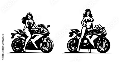A collection of vector illustrations featuring sexy female bikers posing with their motorcycles.