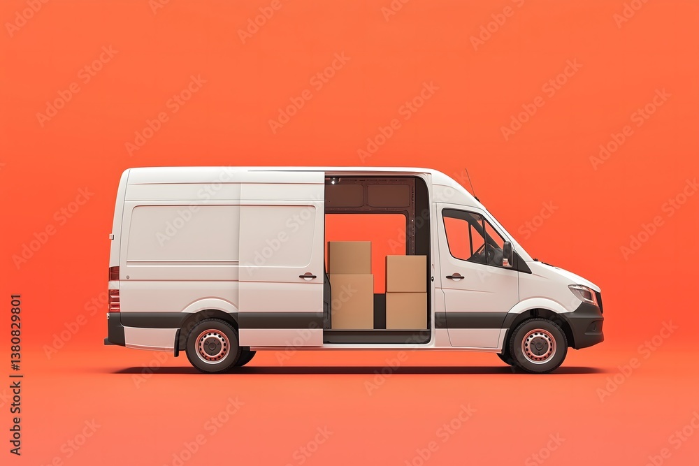 White van with open side door full of cardboard boxes against orange background. Delivery service for shop, cargo shipping and moving company concept, mock up template. White van with open side door full of cardboard boxes against orange background. Delivery service for shop, cargo shipping and moving company concept, mock up template.