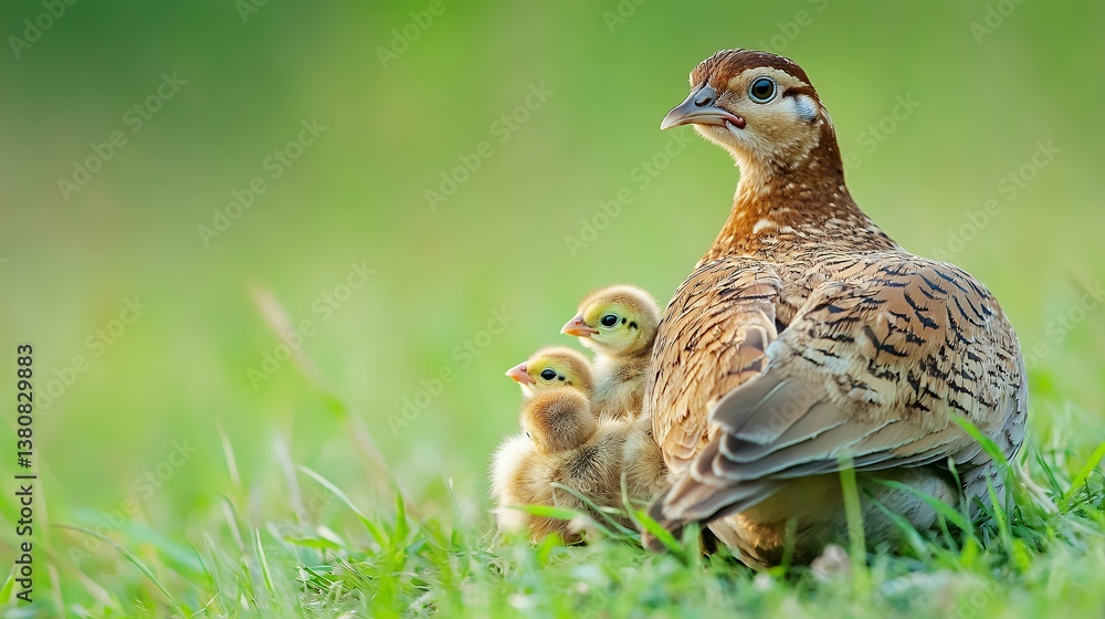 A mother quail with her chicks in a lush field, symbolizing care and nurturing in the natural world A mother quail with her chicks in a lush field, symbolizing care and nurturing in the natural world