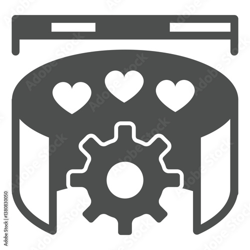 Hearts with ruler and cogwheel solid icon, data network concept. Vector graphics. Likes data training, promotion sign on white background, glyph style icon for mobile or web design.