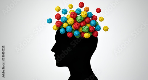 Wallpaper Mural Creative mind concept with colorful paper balls exploding from a silhouette head, symbolizing ideas, innovation, and mental energy. Torontodigital.ca