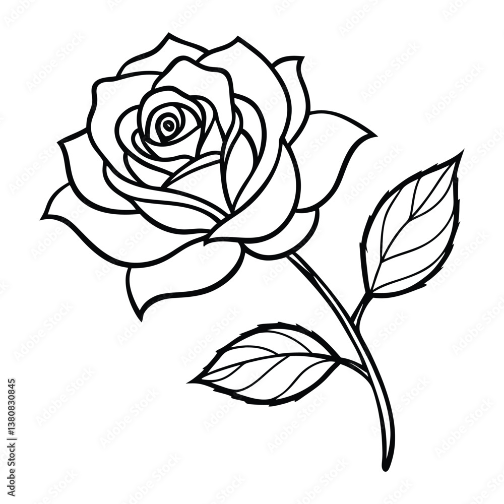 Black and White Rose Illustration with Elegant Petals and Leaves Black and White Rose Illustration with Elegant Petals and Leaves