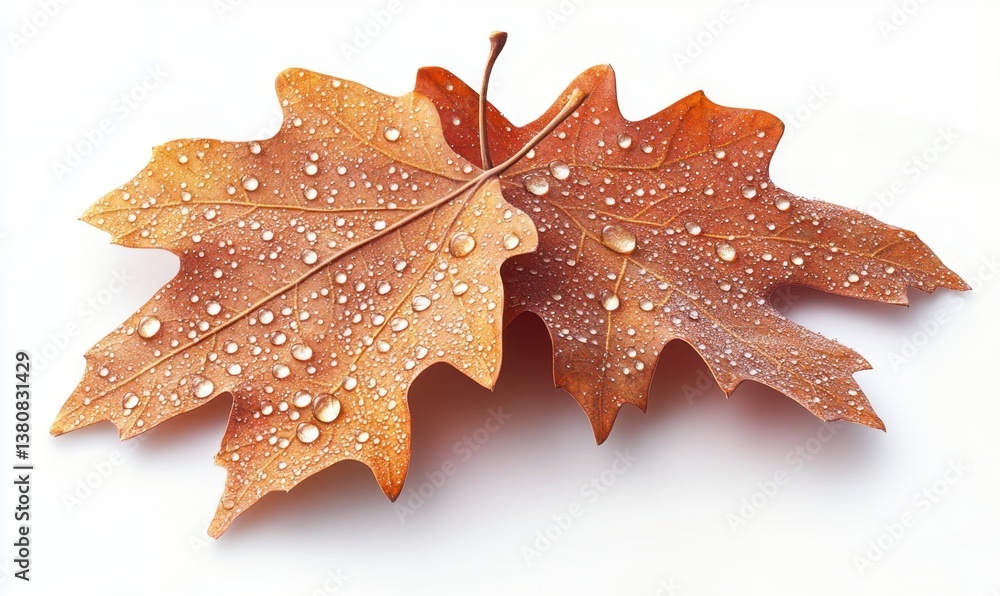 Fototapeta premium Two autumn leaves with water drops on white background