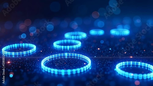 Glowing neon blue rings pulsate on a dark glittery surface