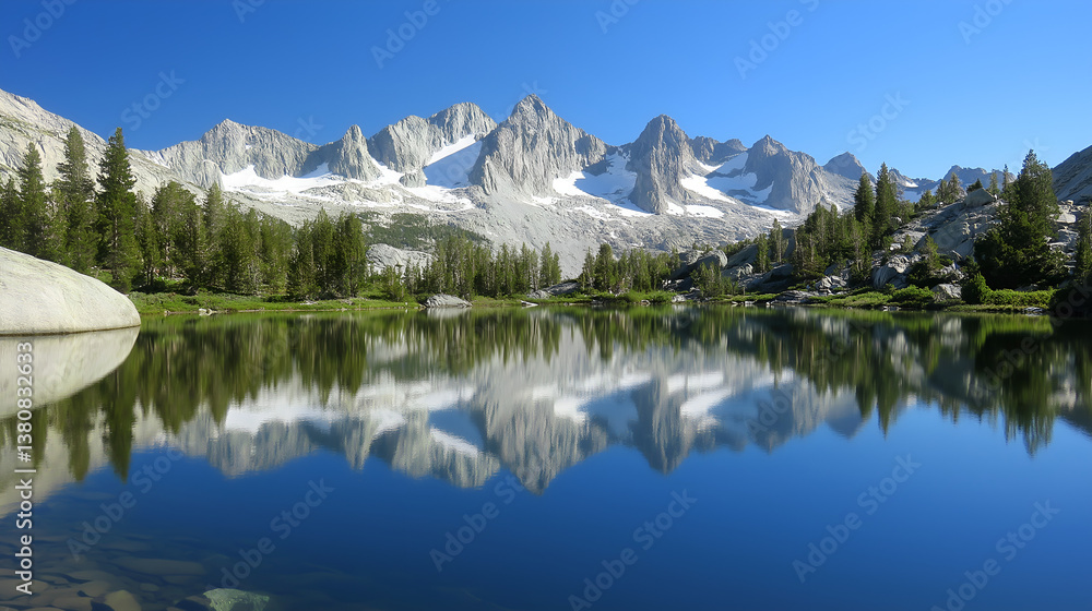 Snow-capped mountains reflecting in a crystal-clear alpine lake Snow-capped mountains reflecting in a crystal-clear alpine lake