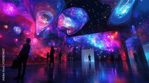 Immersive cosmic art installation; vibrant nebulae projections engulf visitors in a dark, reflective space