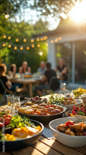 Feast of Fresh Fruits and Dishes at Sunset Gathering in a Vibrant Outdoor Set...