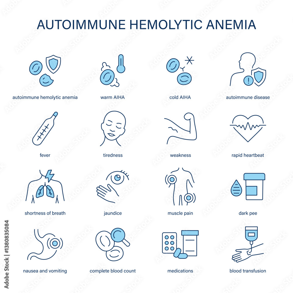 Naklejka premium Autoimmune Hemolytic Anemia symptoms, diagnostic and treatment vector icons. Medical icons.