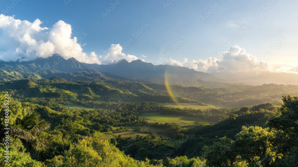 A double rainbow stretching across the horizon over a green valley. A double rainbow stretching across the horizon over a green valley.
