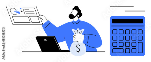 Man holding a financial report and money sack, working on a laptop with an adjacent calculator. Ideal for finance, investment, budgeting, analytics, accounting, tax planning, and wealth management