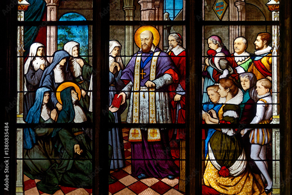 Obraz premium Stained glass of St. Francis de Sales or Saint François de Sales and of St. Jane Frances de Chantal.