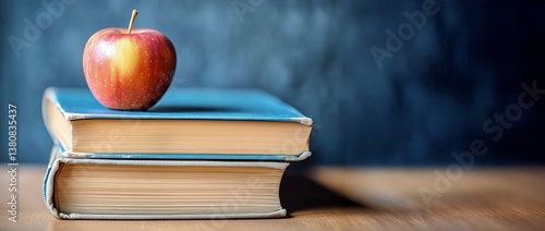 Books Stacked With a Red Apple Placed on Top, Symbolizing Knowledge and Educa...
