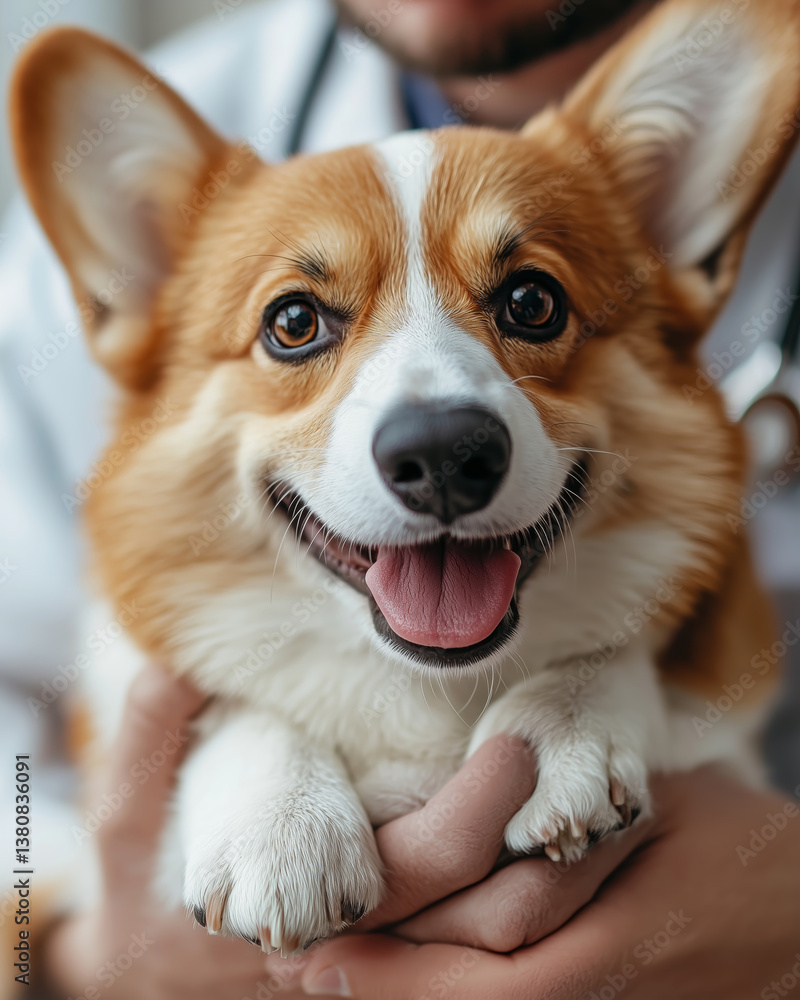Veterinarian shares a tender moment with a happy corgi in a warm clinic setting Veterinarian shares a tender moment with a happy corgi in a warm clinic setting