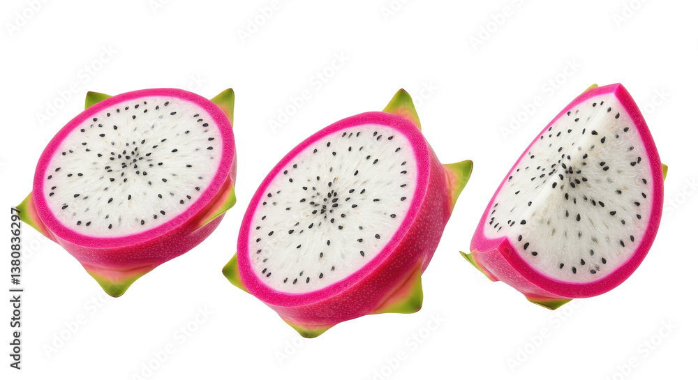 Dragon fruit slices with slightly angled perspective png isolated on transparent background Dragon fruit slices with slightly angled perspective png isolated on transparent background