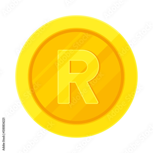 Gold coin with South African rand sign (R). Economy, finance, investment, profit, money, ZAR currency concept. Flat vector illustration isolated on white background
