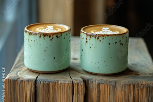 Two Beautifully Crafted Cups of Latte Art on a Wooden Table Showcase Intricat...