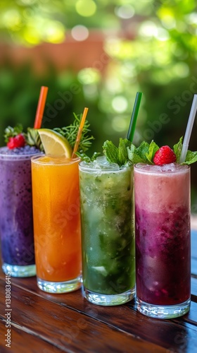 Refreshing Summer Drinks in Colorful Glasses on a Sunny Afternoon in a Garden