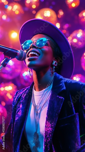 Singer Performing in Vibrant Purple Outfit With Colorful Balloons in the Back...