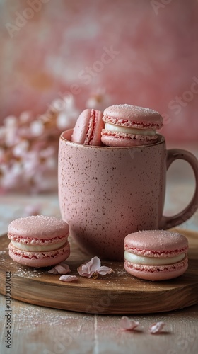 Delicious Pink Macarons Stacked in a Cup With Additional Cookies on a Wooden ...