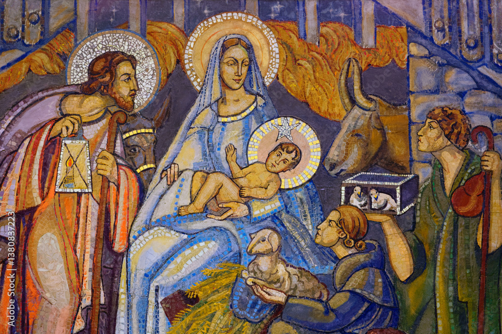 Naklejka premium Mosaic of Christmas Nativity Scene with Virgin Mary, Saint Joseph, and Jesus baby.
