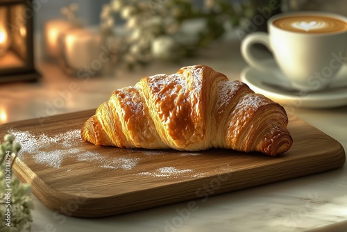 Croissant Served on Wooden Board With Latte in a Cozy Cafe Atmosphere