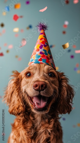 Happy Dog With a Colorful Party Hat Celebrating Amidst Confetti