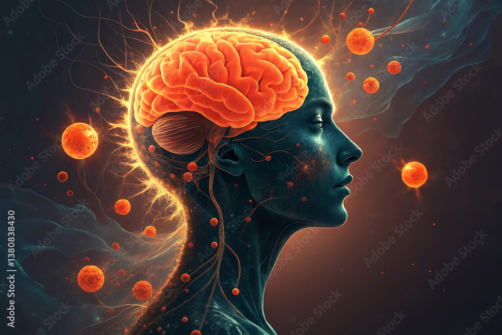 Obraz premium A radiant mind awakens, a vibrant burst of energy illuminating the neural pathways, with glowing orange orbs and a dark, mystical background.