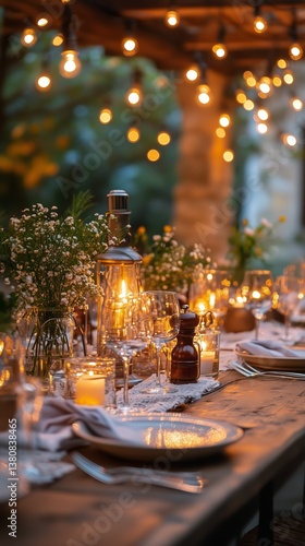 Elegant Outdoor Dining Experience With Warm Lights and Charming Decorations i...